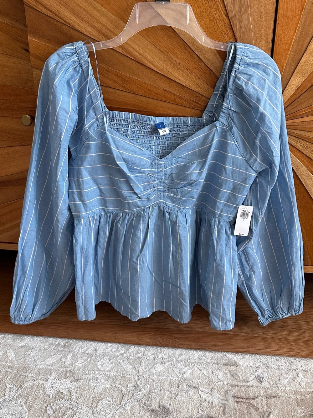 Old Navy Cotton Light Blue Striped Peplum Puff-Sleeve Top - size S